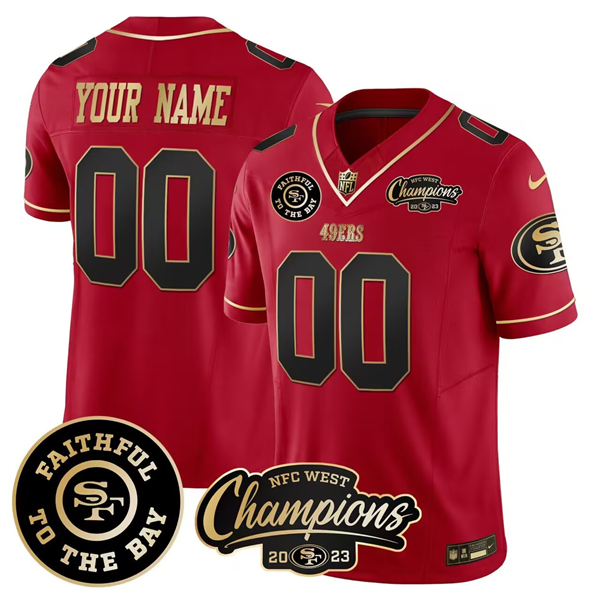 Men's San Francisco 49ers Active Player Custom Red Faithful & 2023 F.U.S.E. West Champions Patch Vapor Limited Stitched Football Jersey Men's San Francisco 49ers Active Player Custom Red Faithful & 2023 F.U.S.E. West Champions Patch Vapor Limited Stitched Football Jersey
